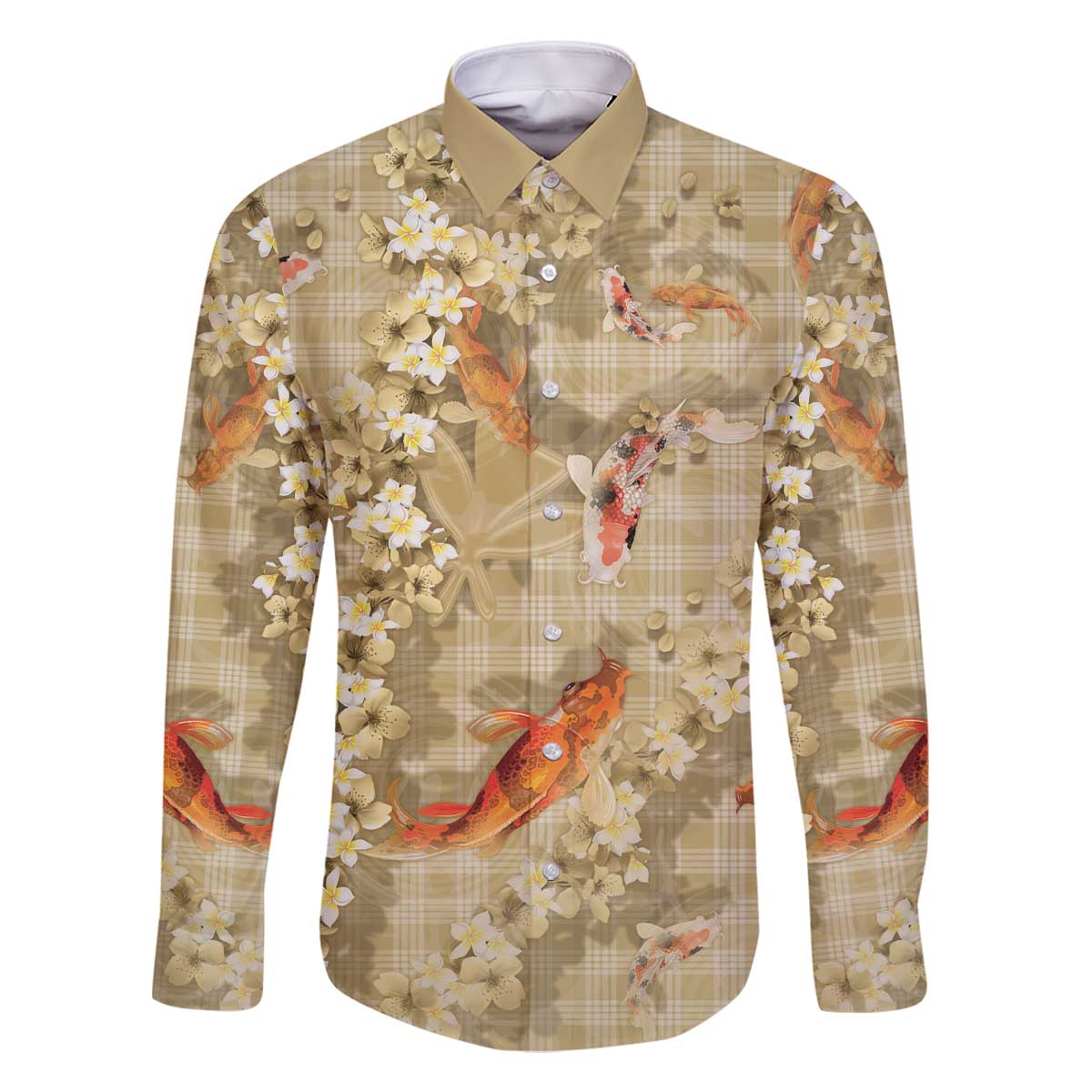 Beige Palaka Hawaiian And Japanese Family Matching Off The Shoulder Long Sleeve Dress and Hawaiian Shirt Sakura Lei With Koi Fish - Polynesian Pride