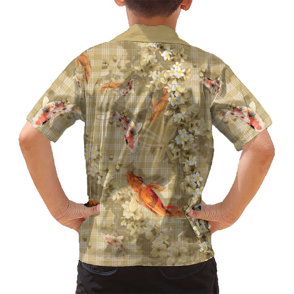 Beige Palaka Hawaiian And Japanese Family Matching Puletasi and Hawaiian Shirt Sakura Lei With Koi Fish - Polynesian Pride