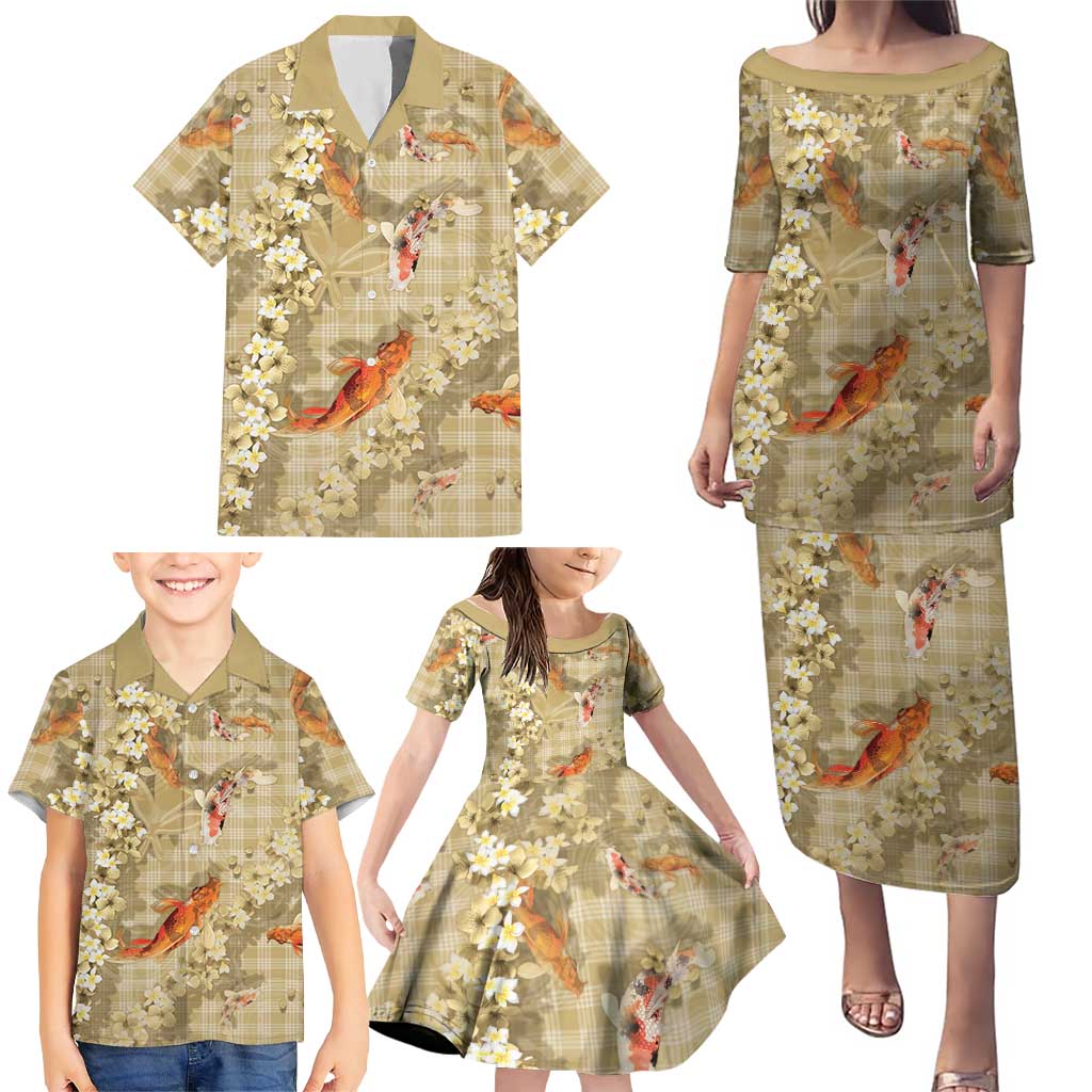 Beige Palaka Hawaiian And Japanese Family Matching Puletasi and Hawaiian Shirt Sakura Lei With Koi Fish - Polynesian Pride