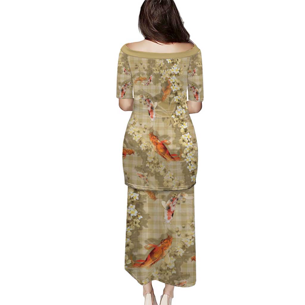 Beige Palaka Hawaiian And Japanese Family Matching Puletasi and Hawaiian Shirt Sakura Lei With Koi Fish - Polynesian Pride