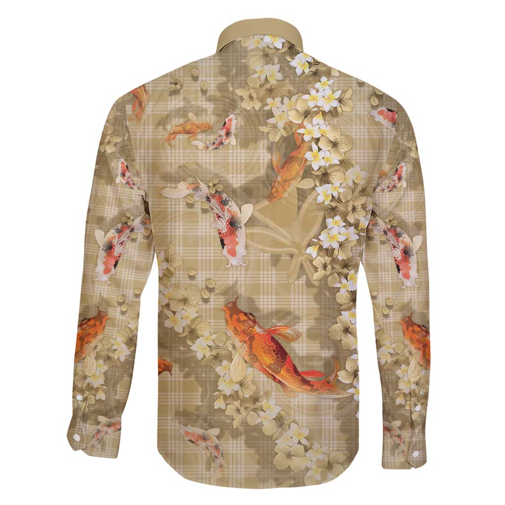 Beige Palaka Hawaiian And Japanese Family Matching Short Sleeve Bodycon Dress and Hawaiian Shirt Sakura Lei With Koi Fish - Polynesian Pride