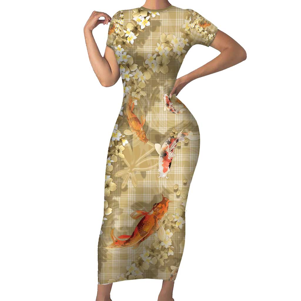 Beige Palaka Hawaiian And Japanese Family Matching Short Sleeve Bodycon Dress and Hawaiian Shirt Sakura Lei With Koi Fish - Polynesian Pride