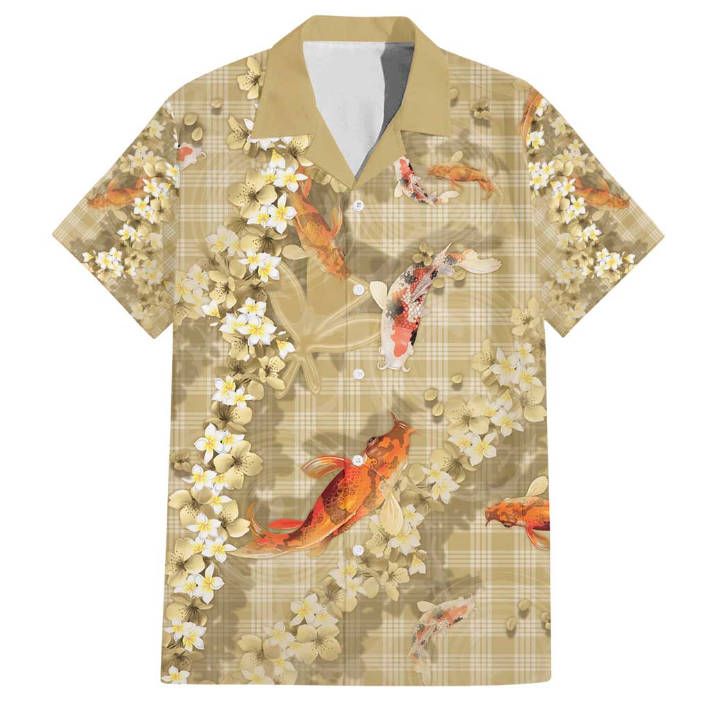 Beige Palaka Hawaiian And Japanese Family Matching Summer Maxi Dress and Hawaiian Shirt Sakura Lei With Koi Fish - Polynesian Pride