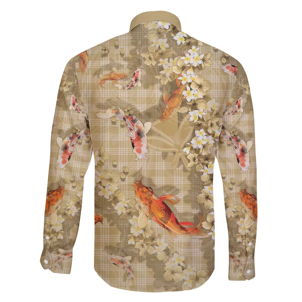 Beige Palaka Hawaiian And Japanese Family Matching Summer Maxi Dress and Hawaiian Shirt Sakura Lei With Koi Fish - Polynesian Pride
