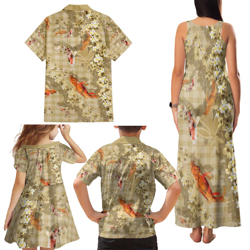 Beige Palaka Hawaiian And Japanese Family Matching Tank Maxi Dress and Hawaiian Shirt Sakura Lei With Koi Fish - Polynesian Pride
