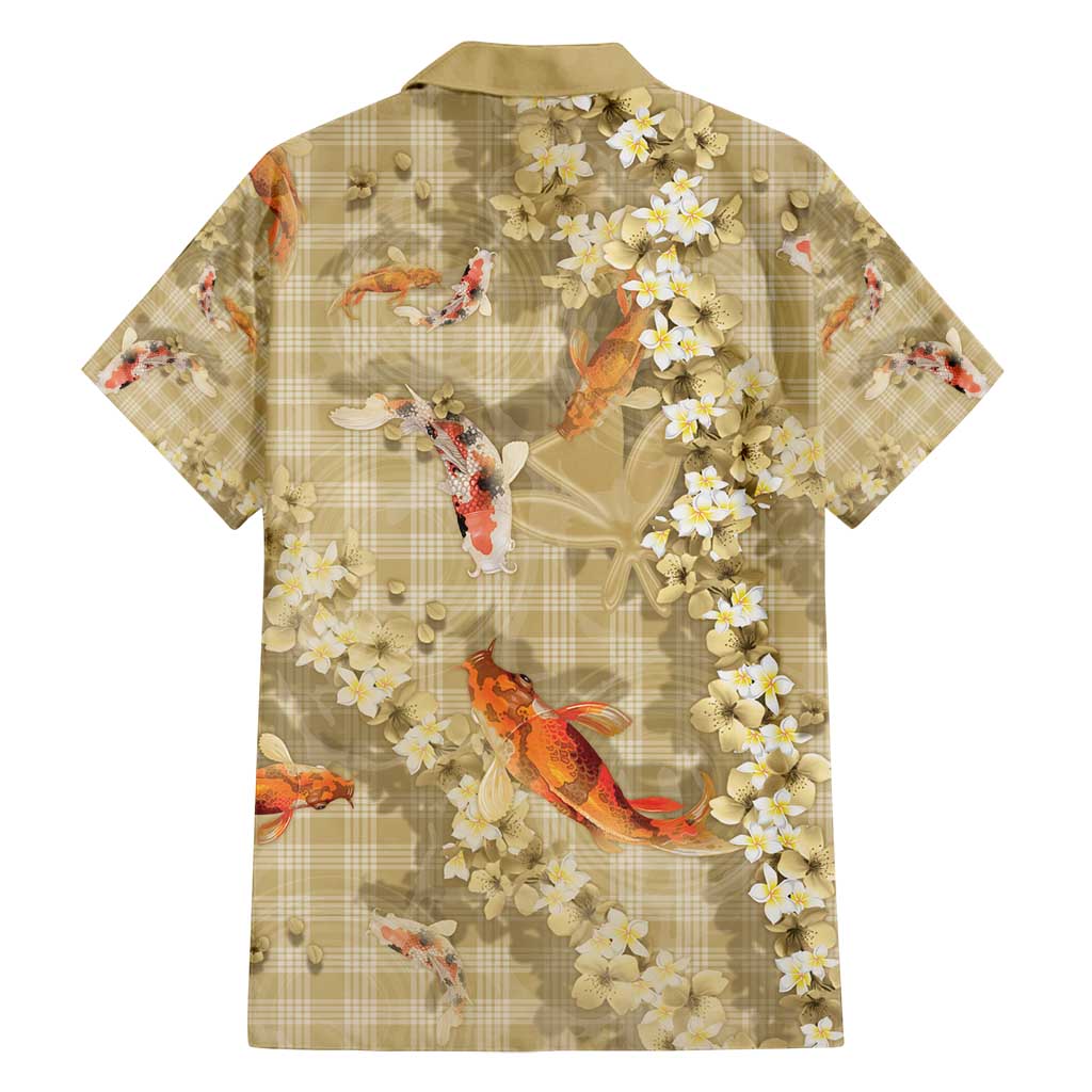 Beige Palaka Hawaiian And Japanese Family Matching Tank Maxi Dress and Hawaiian Shirt Sakura Lei With Koi Fish - Polynesian Pride