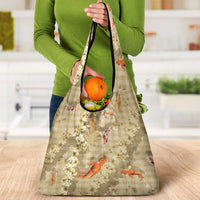 Beige Palaka Hawaiian And Japanese Grocery Bag Sakura Lei With Koi Fish - Polynesian Pride