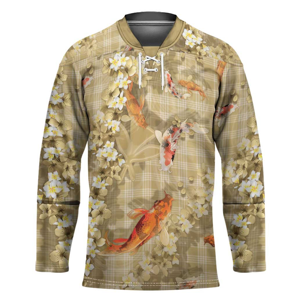 Beige Palaka Hawaiian And Japanese Hockey Jersey Sakura Lei With Koi Fish - Polynesian Pride