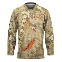 Beige Palaka Hawaiian And Japanese Hockey Jersey Sakura Lei With Koi Fish - Polynesian Pride