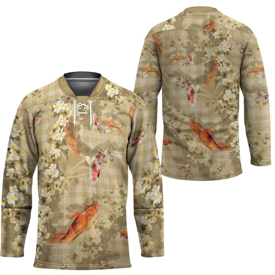 Beige Palaka Hawaiian And Japanese Hockey Jersey Sakura Lei With Koi Fish - Polynesian Pride