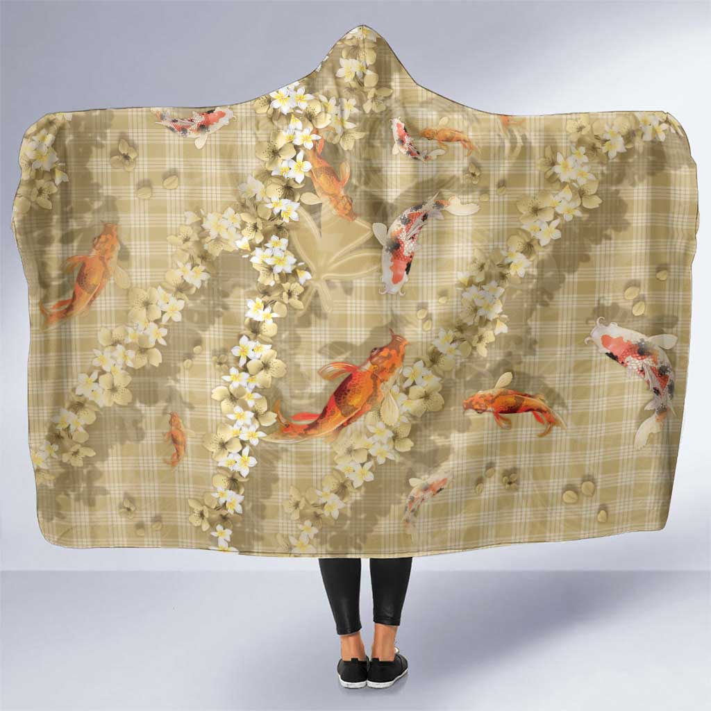 Beige Palaka Hawaiian And Japanese Hooded Blanket Sakura Lei With Koi Fish DT05 One Size Beige - Polynesian Pride