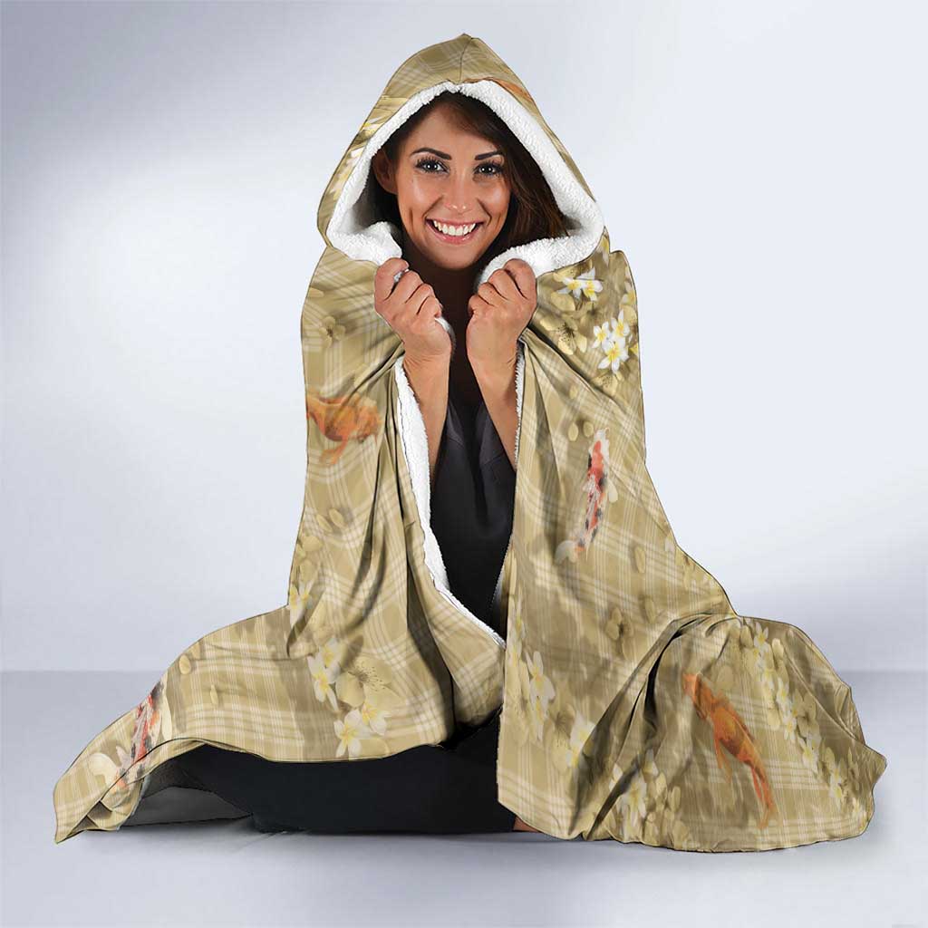 Beige Palaka Hawaiian And Japanese Hooded Blanket Sakura Lei With Koi Fish DT05 - Polynesian Pride
