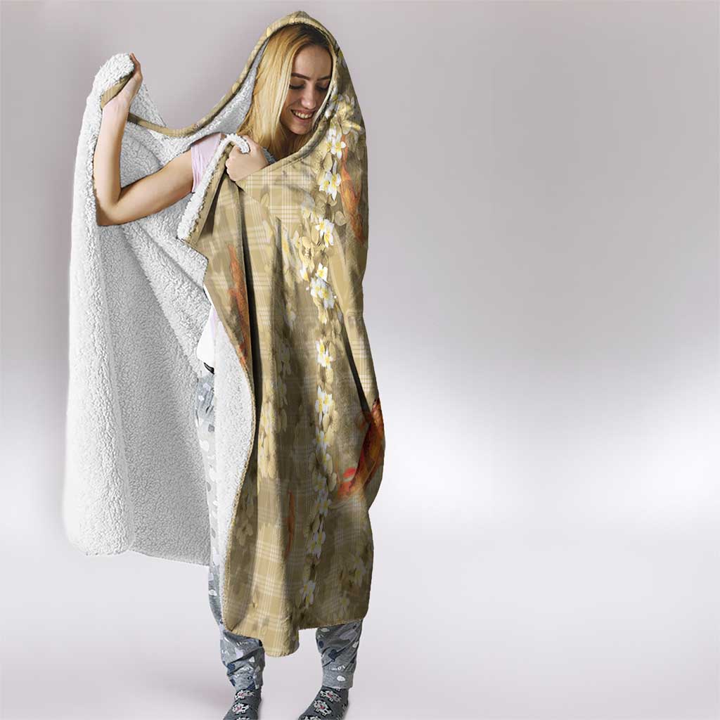 Beige Palaka Hawaiian And Japanese Hooded Blanket Sakura Lei With Koi Fish DT05 - Polynesian Pride