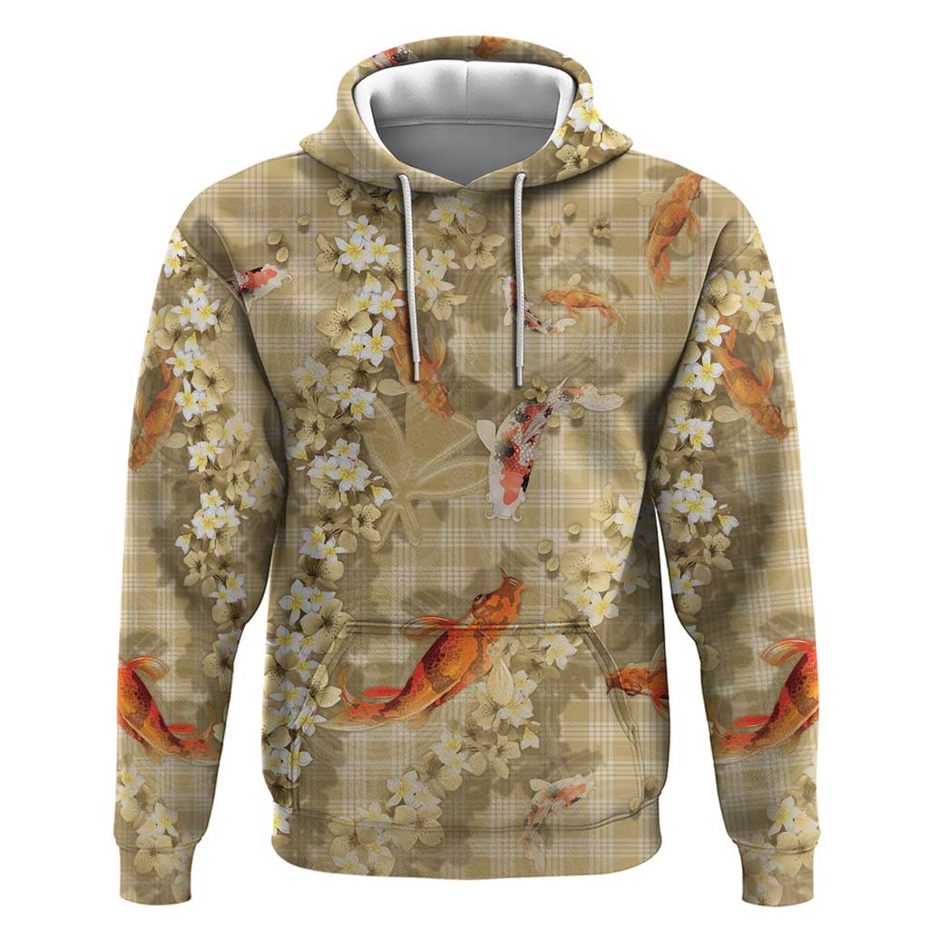 Beige Palaka Hawaiian And Japanese Hoodie Sakura Lei With Koi Fish - Polynesian Pride