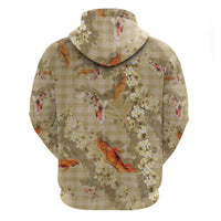 Beige Palaka Hawaiian And Japanese Hoodie Sakura Lei With Koi Fish - Polynesian Pride