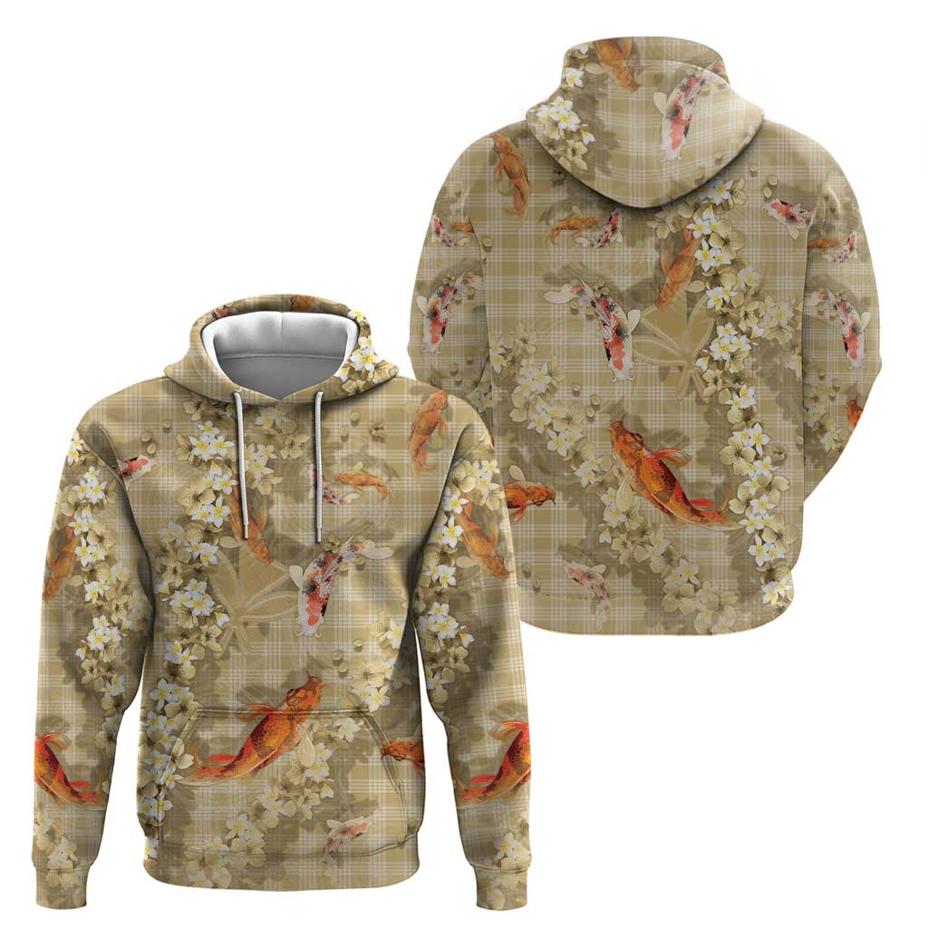 Beige Palaka Hawaiian And Japanese Hoodie Sakura Lei With Koi Fish - Polynesian Pride