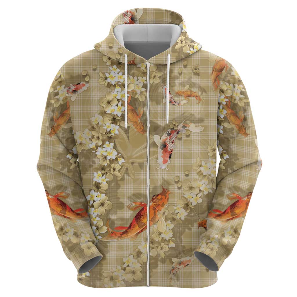 Beige Palaka Hawaiian And Japanese Hoodie Sakura Lei With Koi Fish - Polynesian Pride