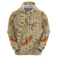 Beige Palaka Hawaiian And Japanese Hoodie Sakura Lei With Koi Fish - Polynesian Pride