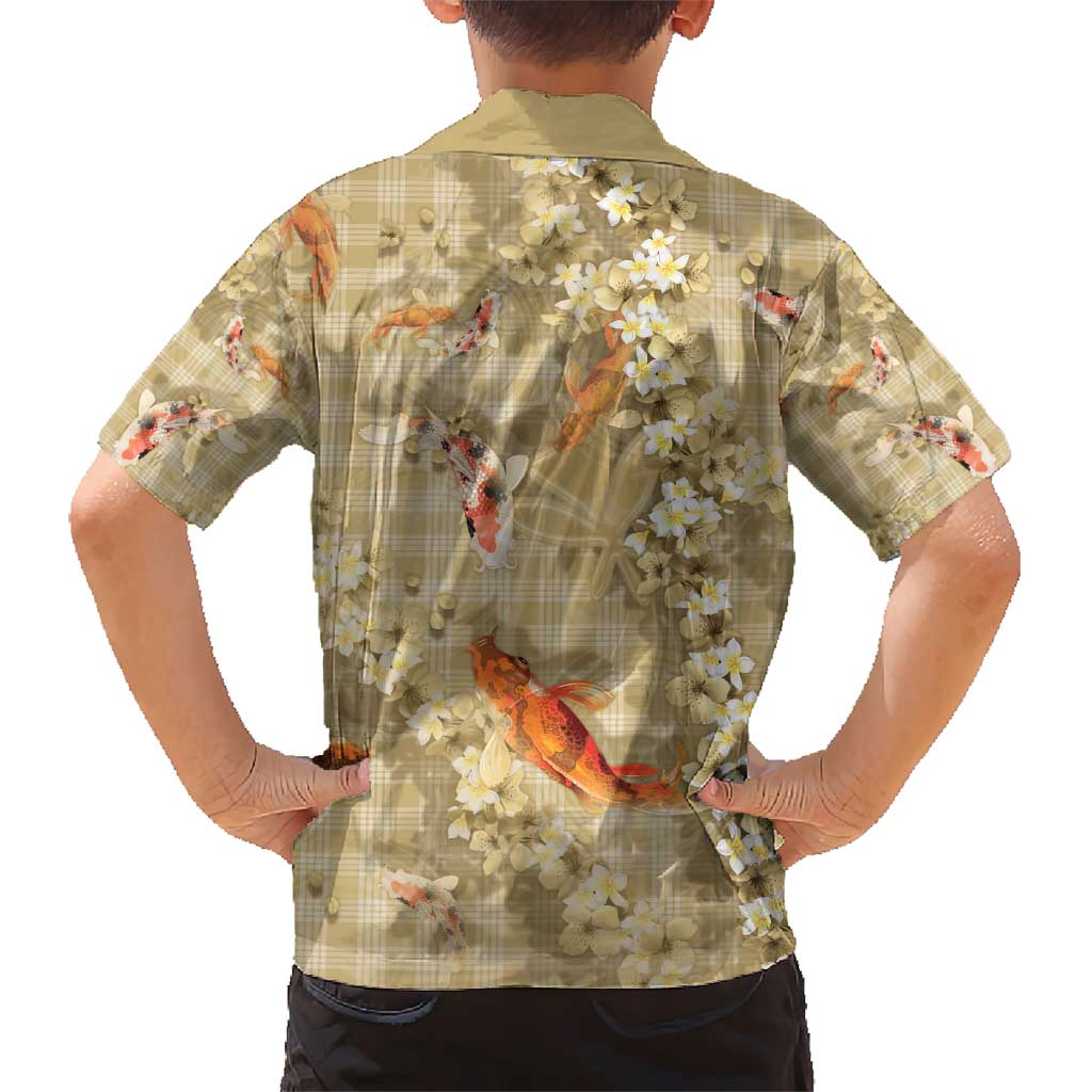 Beige Palaka Hawaiian And Japanese Kid Hawaiian Shirt Sakura Lei With Koi Fish - Polynesian Pride