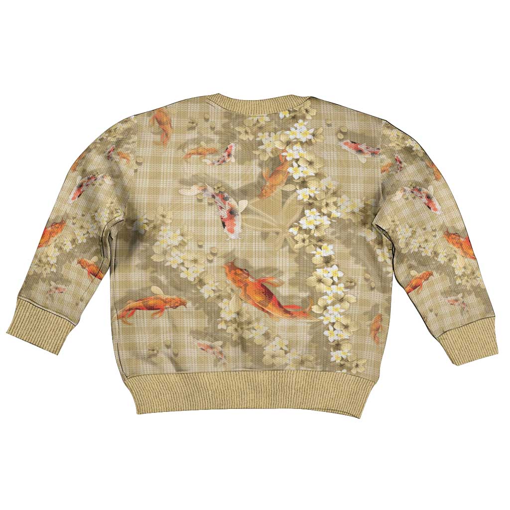 Beige Palaka Hawaiian And Japanese Kid Ugly Christmas Sweater Sakura Lei With Koi Fish - Polynesian Pride