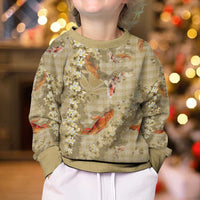 Beige Palaka Hawaiian And Japanese Kid Ugly Christmas Sweater Sakura Lei With Koi Fish - Polynesian Pride