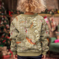 Beige Palaka Hawaiian And Japanese Kid Ugly Christmas Sweater Sakura Lei With Koi Fish - Polynesian Pride
