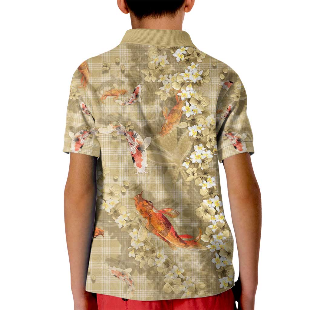 Beige Palaka Hawaiian And Japanese Kid Polo Shirt Sakura Lei With Koi Fish - Polynesian Pride