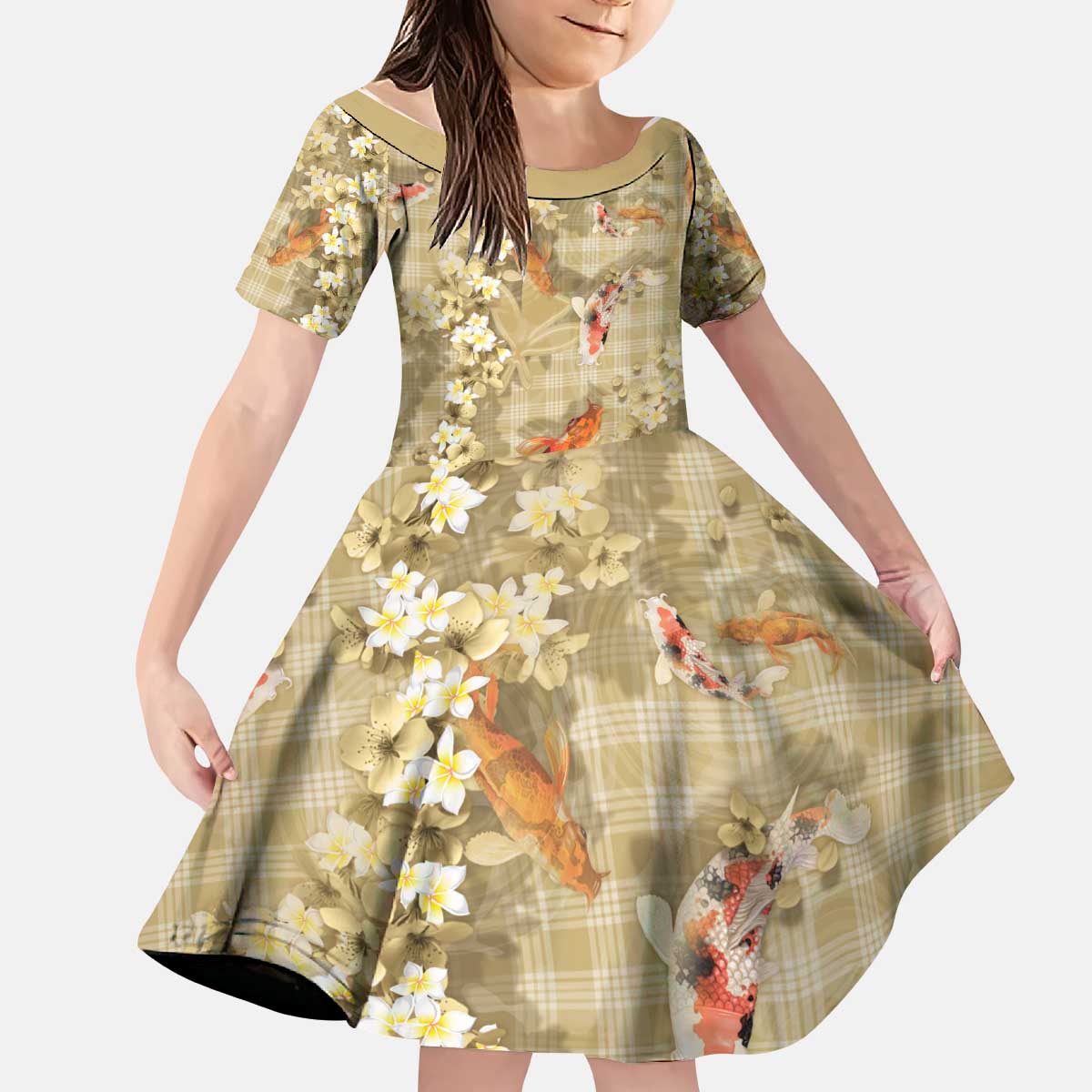 Beige Palaka Hawaiian And Japanese Kid Short Sleeve Dress Sakura Lei With Koi Fish - Polynesian Pride