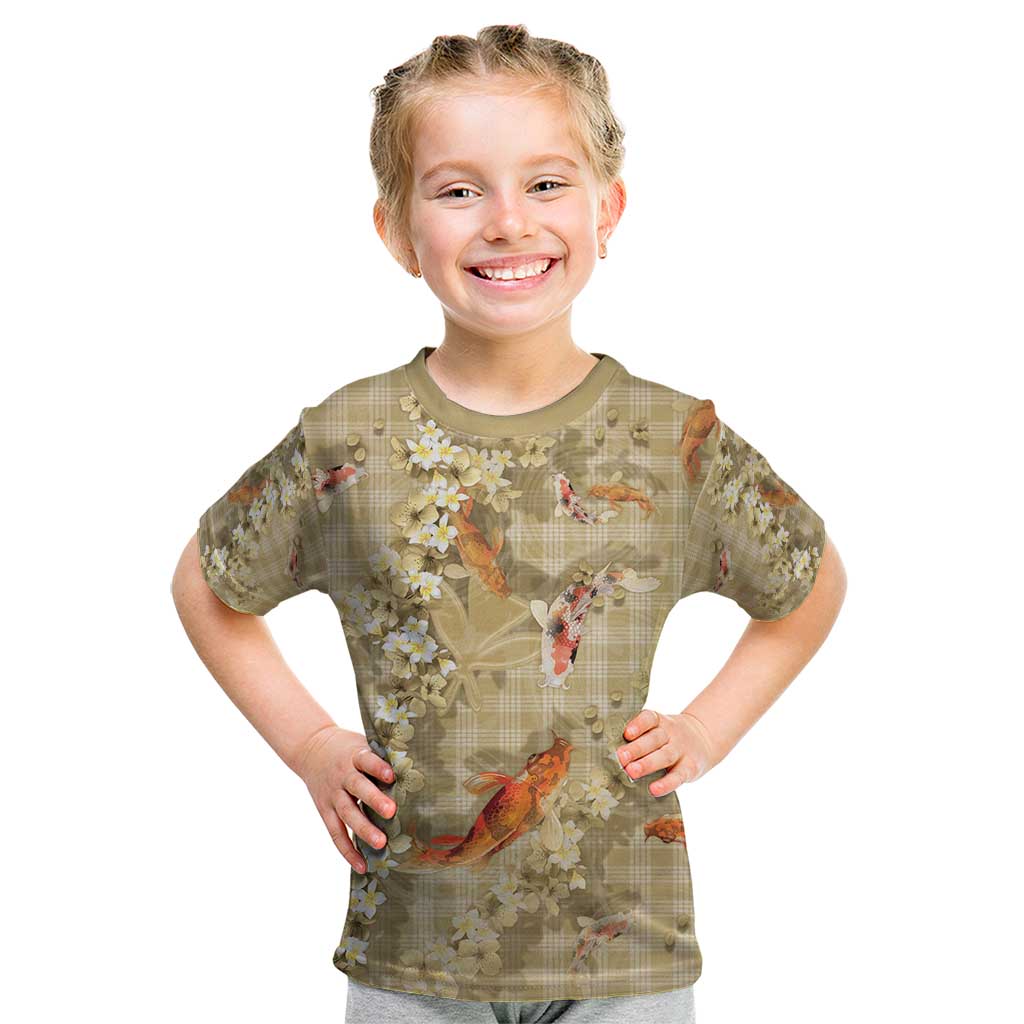 Beige Palaka Hawaiian And Japanese Kid T Shirt Sakura Lei With Koi Fish - Polynesian Pride