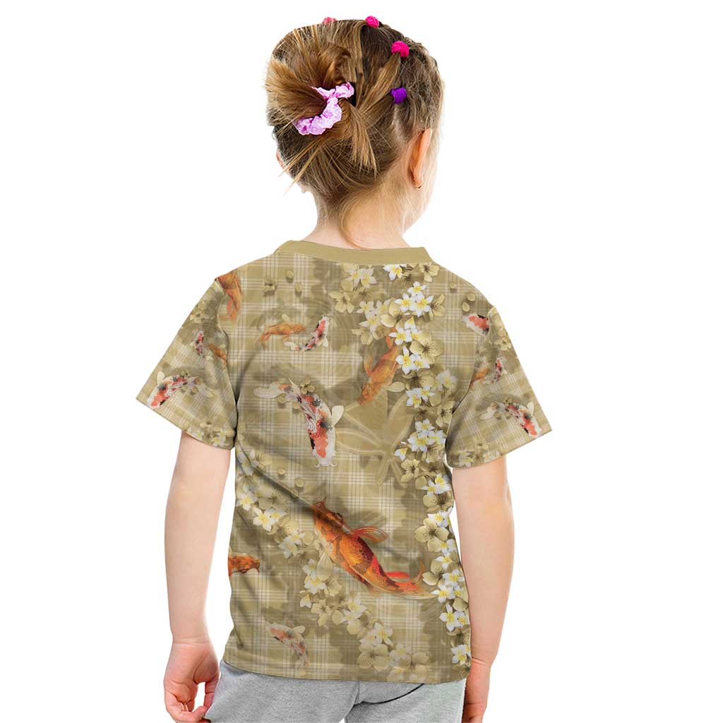 Beige Palaka Hawaiian And Japanese Kid T Shirt Sakura Lei With Koi Fish - Polynesian Pride