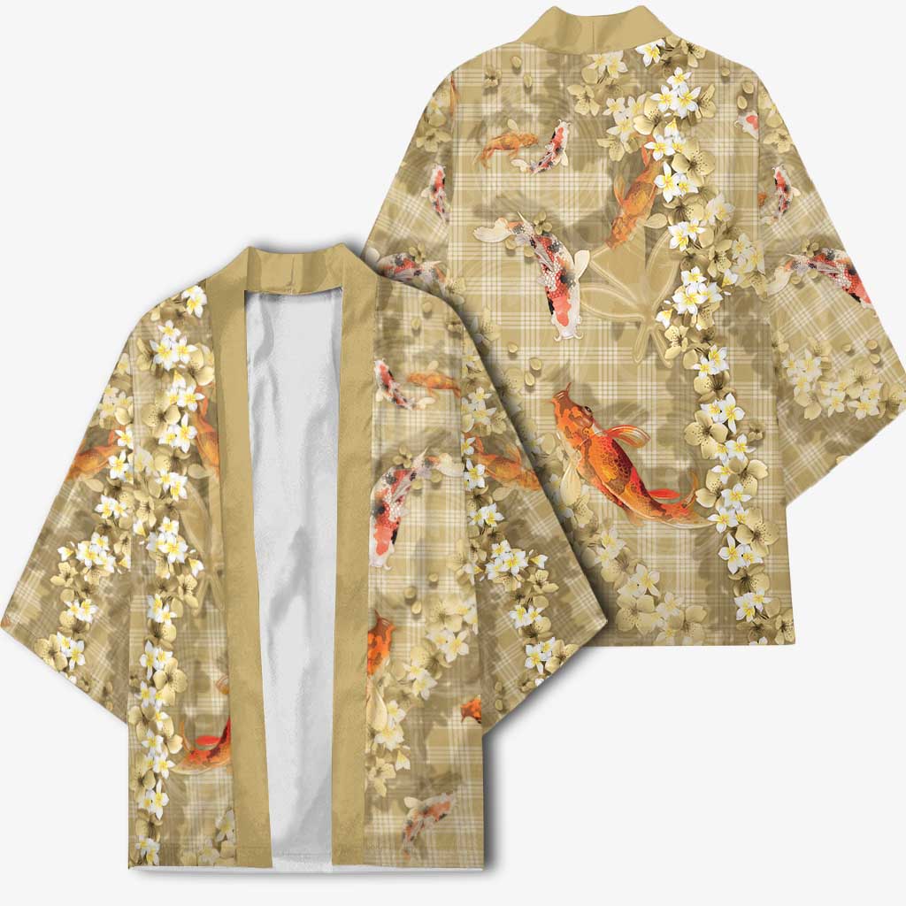 Beige Palaka Hawaiian And Japanese Kimono Sakura Lei With Koi Fish - Polynesian Pride