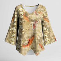 Beige Palaka Hawaiian And Japanese Kimono Sleeve Blouse Sakura Lei With Koi Fish DT05 Female Beige - Polynesian Pride