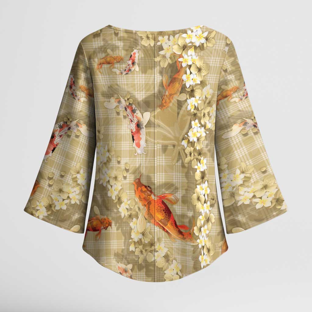 Beige Palaka Hawaiian And Japanese Kimono Sleeve Blouse Sakura Lei With Koi Fish DT05 - Polynesian Pride