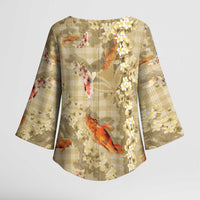 Beige Palaka Hawaiian And Japanese Kimono Sleeve Blouse Sakura Lei With Koi Fish DT05 - Polynesian Pride