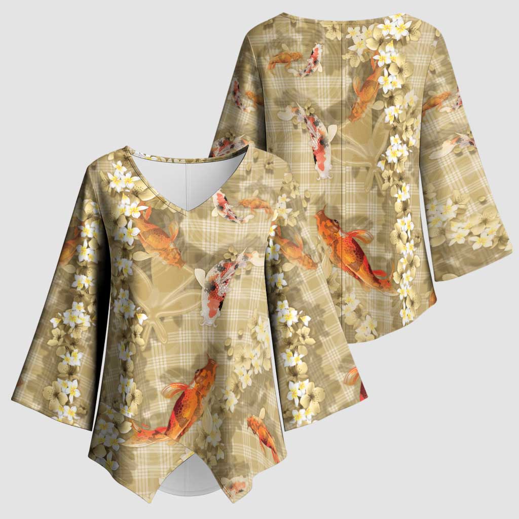 Beige Palaka Hawaiian And Japanese Kimono Sleeve Blouse Sakura Lei With Koi Fish DT05 - Polynesian Pride