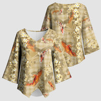 Beige Palaka Hawaiian And Japanese Kimono Sleeve Blouse Sakura Lei With Koi Fish DT05 - Polynesian Pride