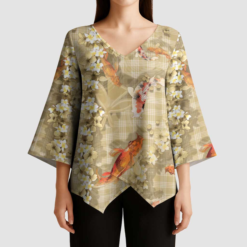 Beige Palaka Hawaiian And Japanese Kimono Sleeve Blouse Sakura Lei With Koi Fish DT05 - Polynesian Pride