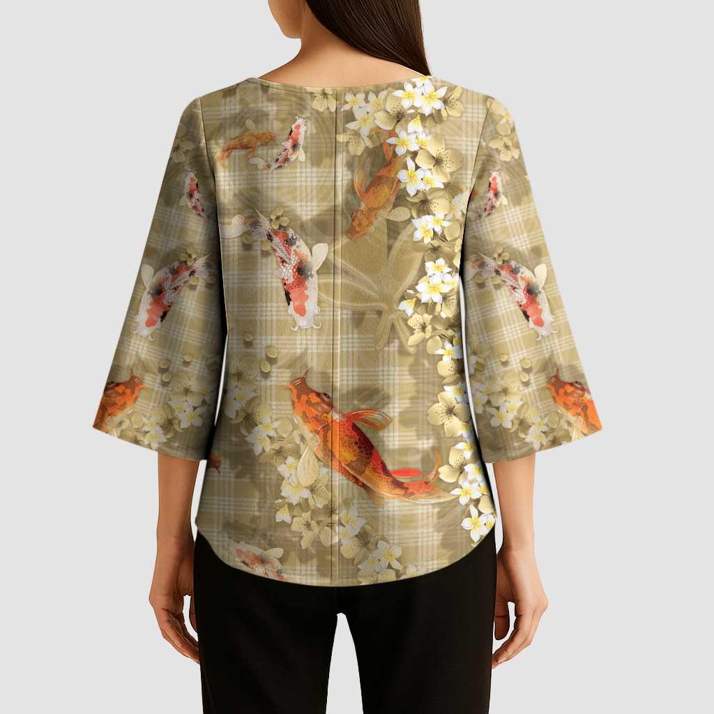 Beige Palaka Hawaiian And Japanese Kimono Sleeve Blouse Sakura Lei With Koi Fish DT05 - Polynesian Pride