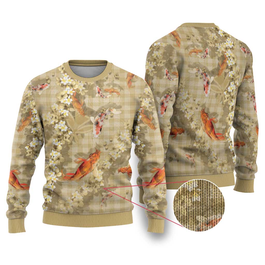 Beige Palaka Hawaiian And Japanese Ugly Christmas Sweater Sakura Lei With Koi Fish - Polynesian Pride