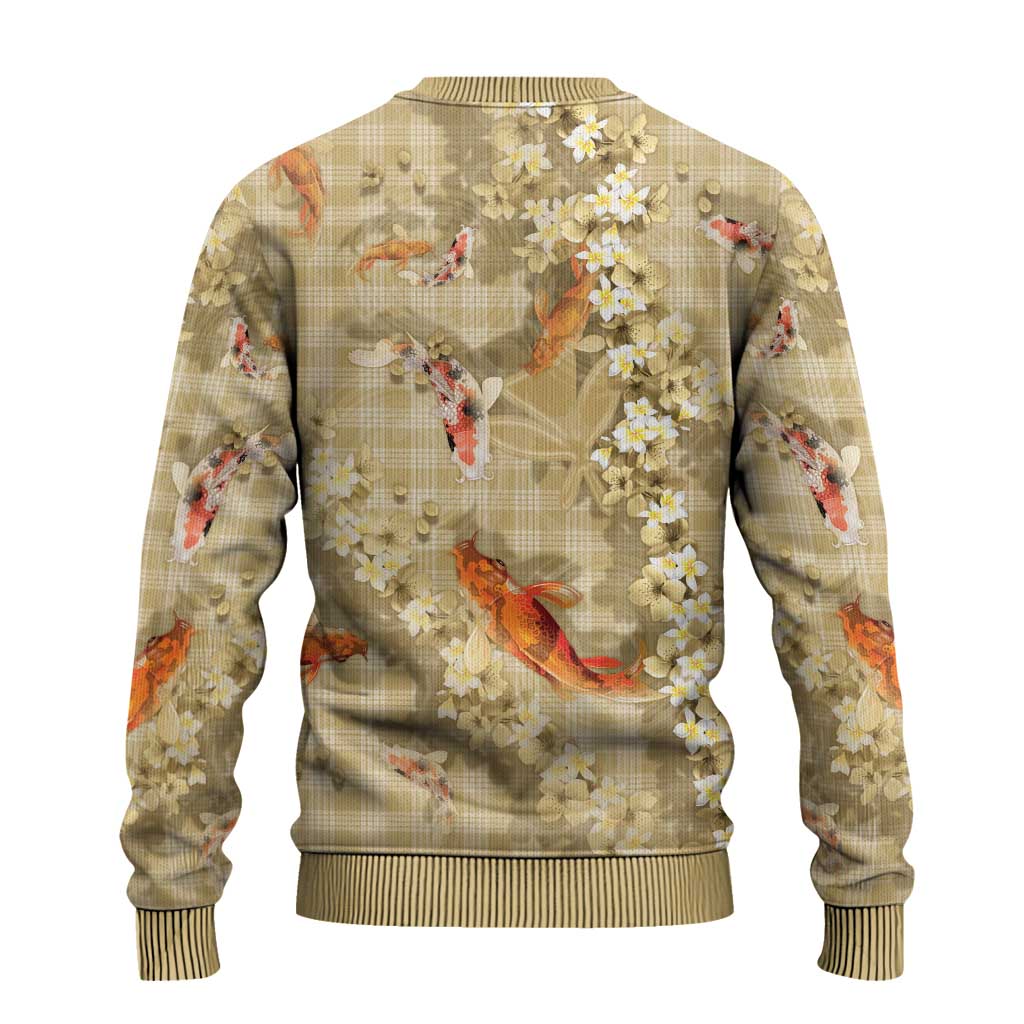 Beige Palaka Hawaiian And Japanese Ugly Christmas Sweater Sakura Lei With Koi Fish - Polynesian Pride