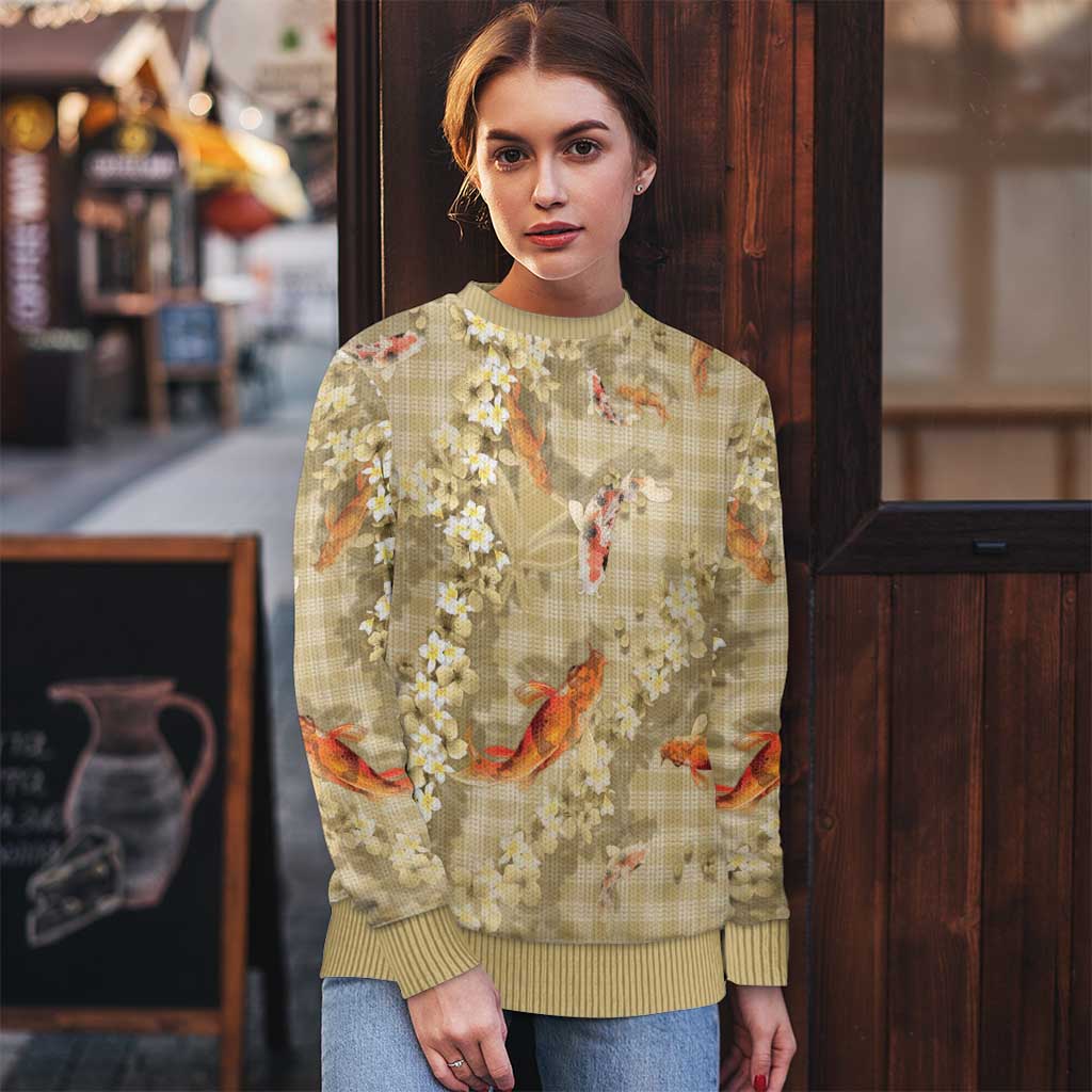 Beige Palaka Hawaiian And Japanese Ugly Christmas Sweater Sakura Lei With Koi Fish - Polynesian Pride
