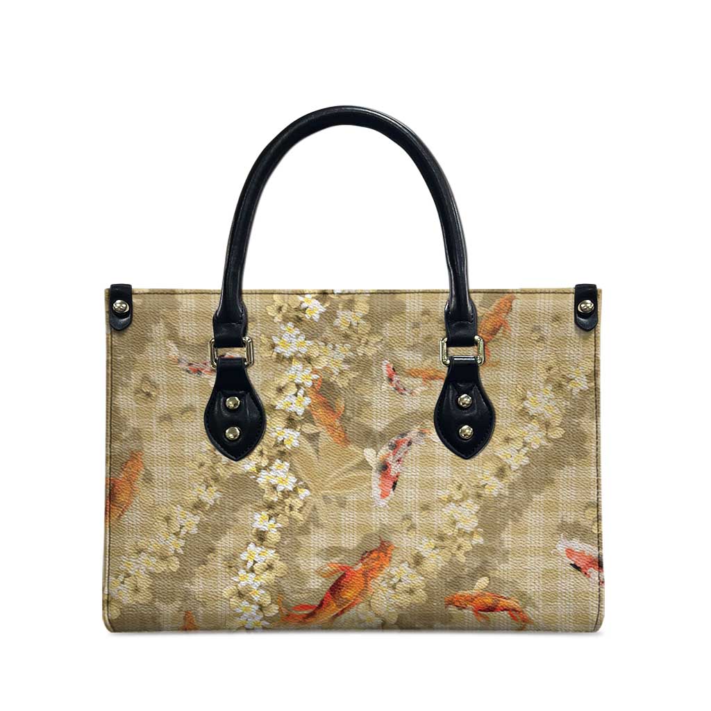 Beige Palaka Hawaiian And Japanese Leather Bag Sakura Lei With Koi Fish DT05 - Polynesian Pride