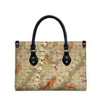 Beige Palaka Hawaiian And Japanese Leather Bag Sakura Lei With Koi Fish DT05 - Polynesian Pride