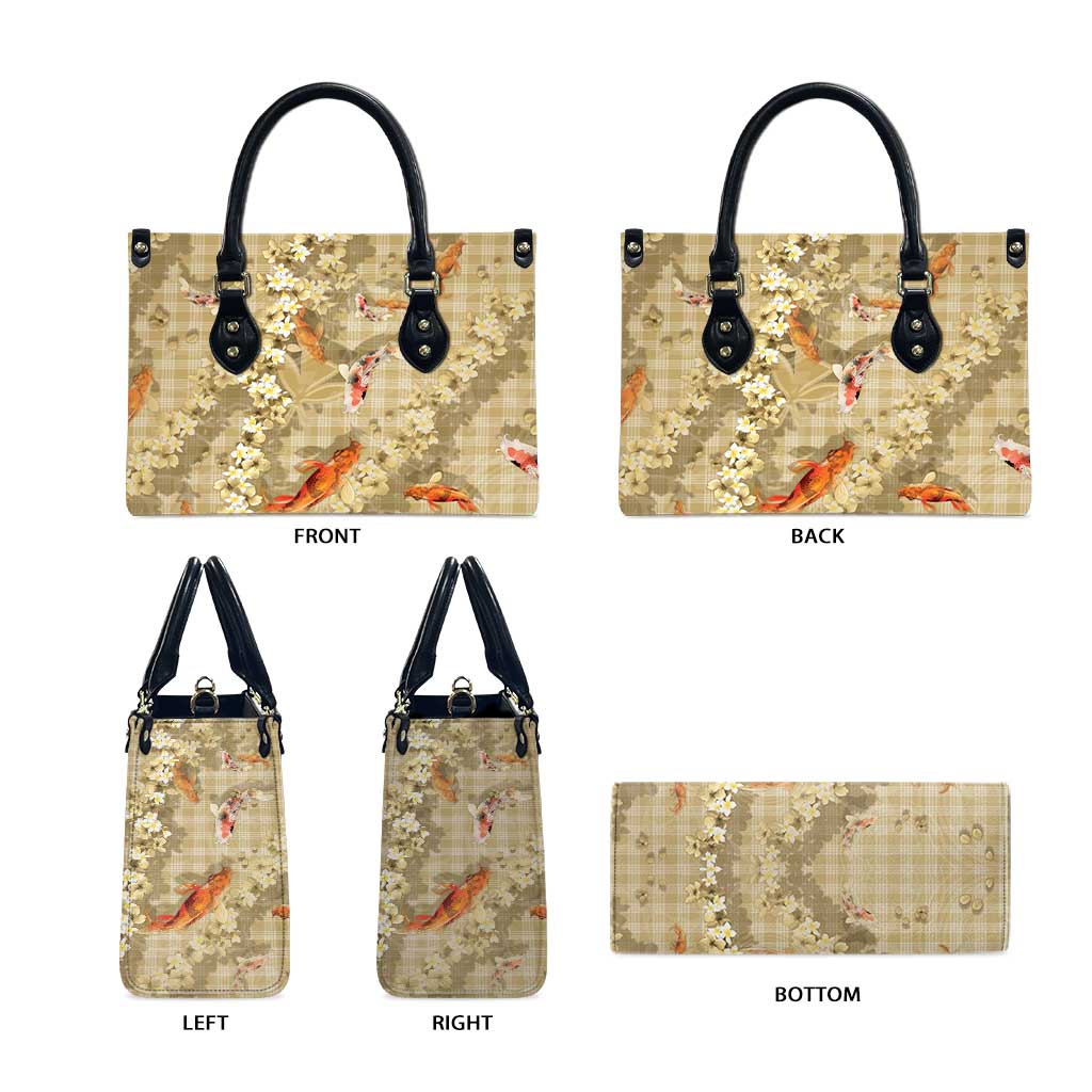 Beige Palaka Hawaiian And Japanese Leather Bag Sakura Lei With Koi Fish DT05 - Polynesian Pride