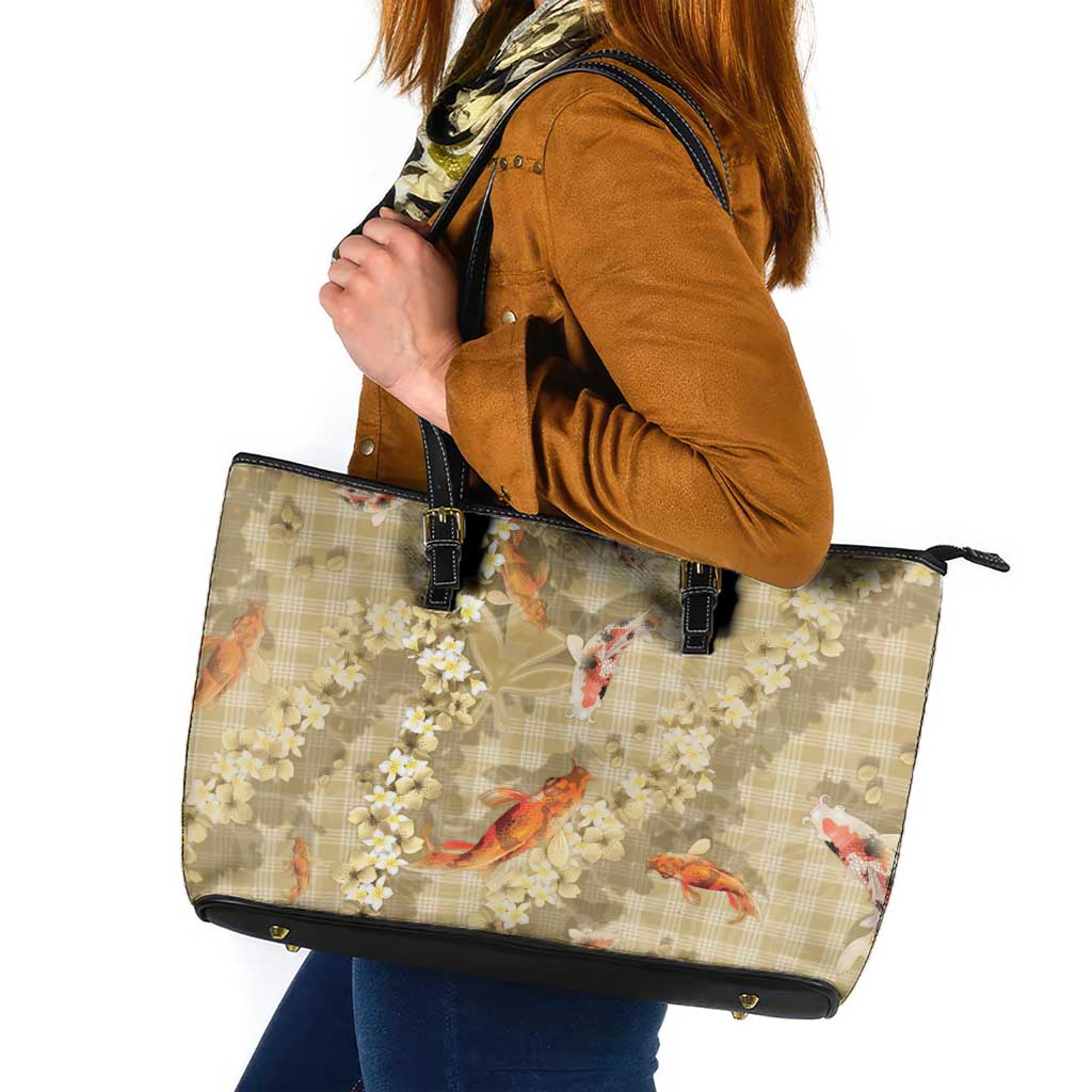 Beige Palaka Hawaiian And Japanese Leather Tote Bag Sakura Lei With Koi Fish - Polynesian Pride
