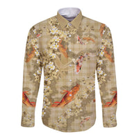 Beige Palaka Hawaiian And Japanese Long Sleeve Button Shirt Sakura Lei With Koi Fish DT05 Unisex Beige - Polynesian Pride