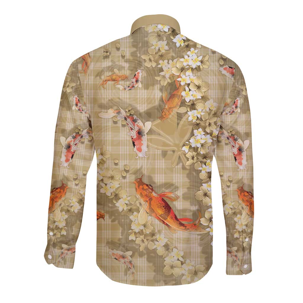 Beige Palaka Hawaiian And Japanese Long Sleeve Button Shirt Sakura Lei With Koi Fish DT05 - Polynesian Pride