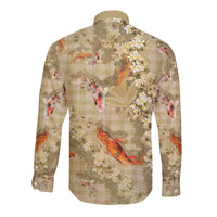Beige Palaka Hawaiian And Japanese Long Sleeve Button Shirt Sakura Lei With Koi Fish DT05 - Polynesian Pride
