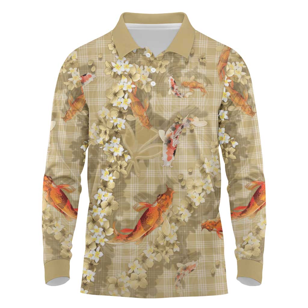 Beige Palaka Hawaiian And Japanese Long Sleeve Polo Shirt Sakura Lei With Koi Fish DT05 Beige - Polynesian Pride