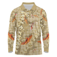 Beige Palaka Hawaiian And Japanese Long Sleeve Polo Shirt Sakura Lei With Koi Fish DT05 Beige - Polynesian Pride